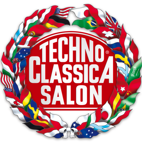 Logotipo de la Techno Classica Salon: un sello rojo rodeado por una corona de banderas de muchos países.