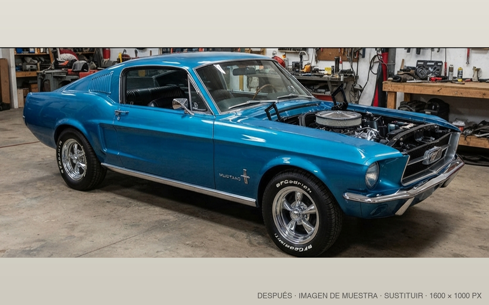 Ford Mustang Fastback azul restaurado, en un taller.